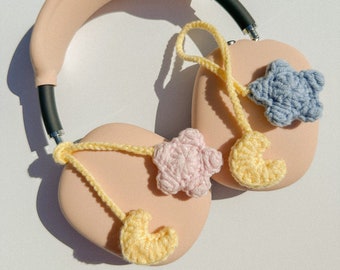 Crochet Moon and Star Headphone Accessory 11.5 inches long, Bag Charm, Bookmark, Keychain, Gift