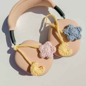 Crochet Moon and Star Headphone Accessory 11.5 inches long, Bag Charm, Bookmark, Keychain, Gift Both (pink & blue)