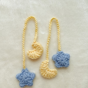 Crochet Moon and Star Headphone Accessory 11.5 inches long, Bag Charm, Bookmark, Keychain, Gift Both blue