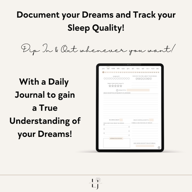 Peut inclure: Une tablette num&eacute;rique affichant un mod&egrave;le de journal de r&ecirc;ve avec un calendrier, une &eacute;valuation de la qualit&eacute; du sommeil et des sections pour enregistrer les d&eacute;tails des r&ecirc;ves. Le texte &agrave; l'&eacute;cran indique "Documentez vos r&ecirc;ves et suivez la qualit&eacute; de votre sommeil ! Entrez et sortez quand vous le souhaitez ! Avec un journal quotidien pour acqu&eacute;rir une v&eacute;ritable compr&eacute;hension de vos r&ecirc;ves !"
