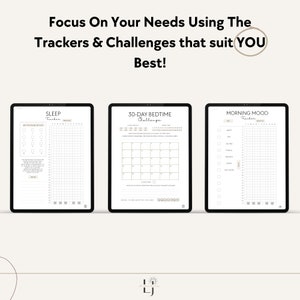 Peut inclure: Trois trackers num&eacute;riques imprimables pour le sommeil, l'heure du coucher et l'humeur du matin. Chaque tracker est sur un fond blanc avec du texte noir et des lignes. Le tracker de sommeil a une grille pour enregistrer les heures de sommeil. Le tracker de l'heure du coucher a un calendrier pour suivre les objectifs de l'heure du coucher. Le tracker de l'humeur du matin a une grille pour enregistrer l'humeur chaque jour.