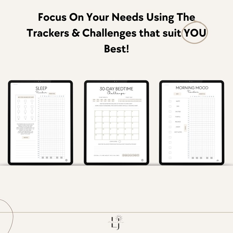 Peut inclure: Trois trackers num&eacute;riques imprimables pour le sommeil, l'heure du coucher et l'humeur du matin. Chaque tracker est sur un fond blanc avec du texte noir et des lignes. Le tracker de sommeil a une grille pour enregistrer les heures de sommeil. Le tracker de l'heure du coucher a un calendrier pour suivre les objectifs de l'heure du coucher. Le tracker de l'humeur du matin a une grille pour enregistrer l'humeur chaque jour.