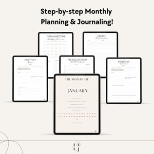 Peut inclure: Un planificateur num&eacute;rique avec un guide &eacute;tape par &eacute;tape pour la planification et la tenue d'un journal mensuel. Le planificateur comprend des sections pour les objectifs mensuels, la tenue d'un journal des r&ecirc;ves, les activit&eacute;s avant le coucher et un calendrier pour le mois de janvier.