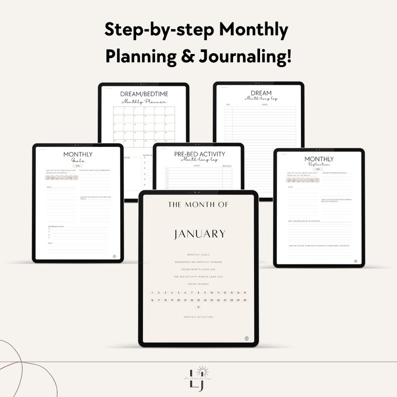 Peut inclure: Un planificateur num&eacute;rique avec un guide &eacute;tape par &eacute;tape pour la planification et la tenue d'un journal mensuel. Le planificateur comprend des sections pour les objectifs mensuels, la tenue d'un journal des r&ecirc;ves, les activit&eacute;s avant le coucher et un calendrier pour le mois de janvier.