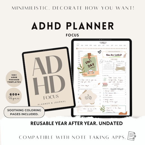 ADHD Digital Planner, Focus & Habit Tracker (Reusable, A5)