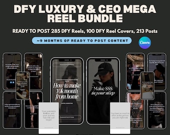 Könnte beinhalten: Eine Collage von Bildern, die ein digitales Marketing-Paket für CEOs und Luxusmarken bewerben. Der Text lautet "DFY Luxury & CEO Mega Reel Bundle" und "Ready to Post 285 DFY Reels, 100 DFY Reel Covers, 213 Posts ~9 Months of Ready to Post Content".