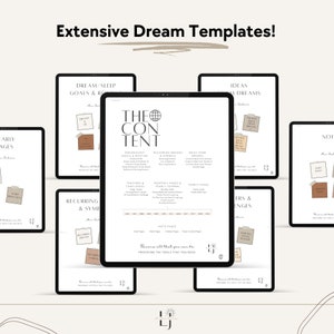 Peut inclure: Un mod&egrave;le de planificateur num&eacute;rique avec le titre "The Content Tent" et le texte "Devenez tout ce que vous pouvez &ecirc;tre. Fournir les outils dont vous avez besoin." Le planificateur comprend des sections pour les objectifs de r&ecirc;ve, les r&ecirc;ves r&eacute;currents, les id&eacute;es tir&eacute;es des r&ecirc;ves, les suivis et les d&eacute;fis, les pages mensuelles, les pages annuelles et les pages de notes.