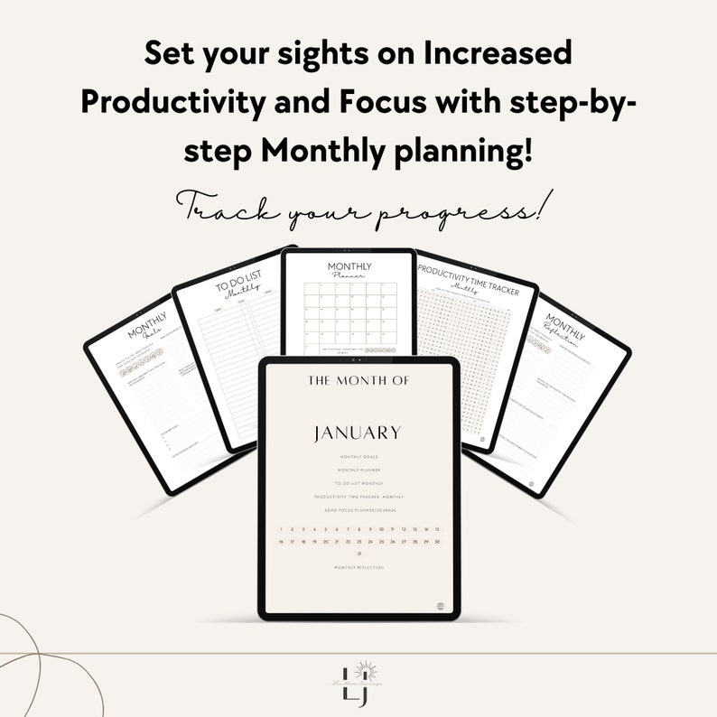 Set your sights on increased productivity with monthly pages that help you set goals, track your progress and reflect on the month.