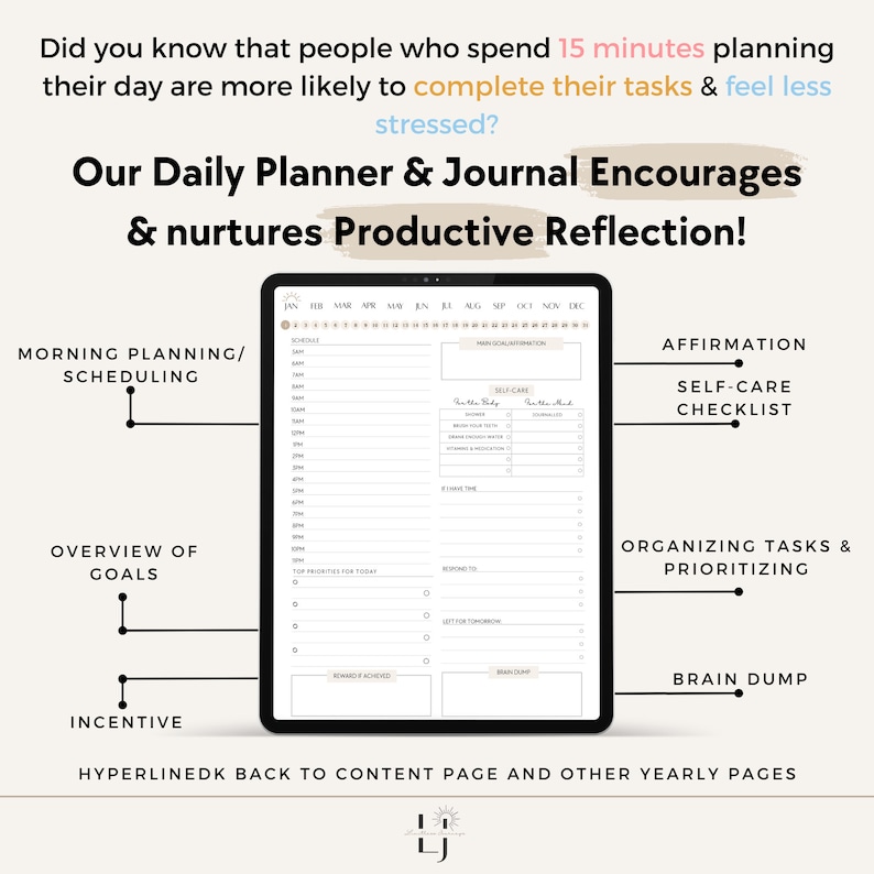 Our daily planner and journal encourages and nurtures productive reflection, with a section for scheduling, a section for an affirmation, a self care checklist and more.