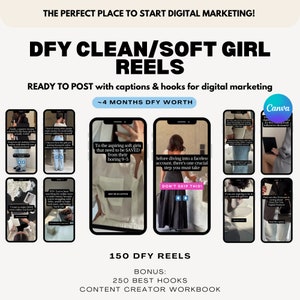 Peut inclure: Un collage de neuf écrans de téléphone montrant différentes bobines pour le marketing sur les médias sociaux. Le texte sur les écrans comprend "To the aspiring soft girls that need to be SAVED from their boring 9-5", "Before diving into a faceless account, there's one crucial step you must take", "DON'T SKIP THIS!" et "150 DFY REELS". Le texte "~4 MONTHS DFY WORTH" et "BONUS: 250 BEST HOOKS CONTENT CREATOR WORKBOOK" est également visible.