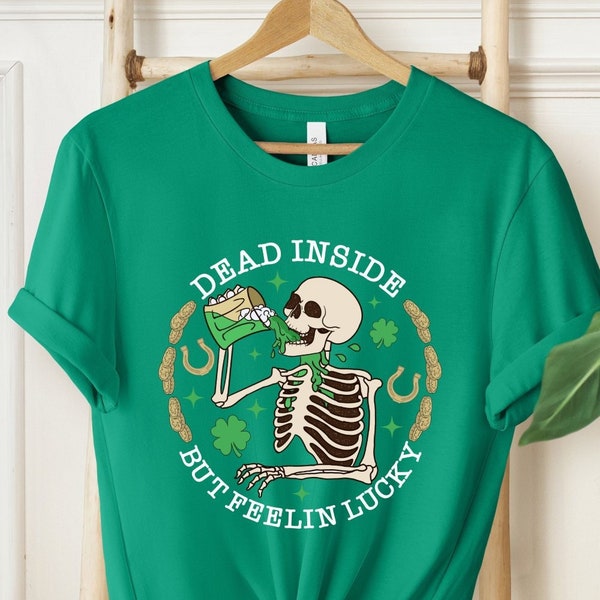 Dead Inside But Feeling Lucky Shirt, St Patrick's Day Shirt, Coffee Cup St. Patrick's Day VNeck Shirt, Skeleton Saint Patrick's Day Tank Top