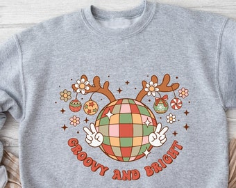 Groovy And Bright Sweatshirt, Christmas Sweatshirts, Christmas Vibes Sweatshirt, Cute Disco Ball Reindeer Sweatshirt, Xmas Holiday Apparel