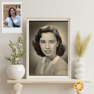 Nostalgic Personalized Digital Caricature Drawing for women, 40s-70s Color Portrait, Custom Caricature from Photos, 10 Different Photos