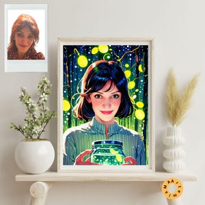 Aangepast kleurrijk digitaal portret van foto, gepersonaliseerde stripfiguurtekening, unieke karikatuursticker downloaden, socialmediaprofiel