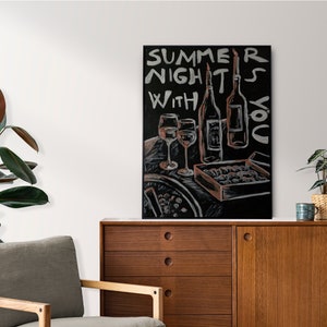 black and white art poster aesthetic room decor, summer print, wall art, home decor, wine summer love, gift autumn poster, simple drawing