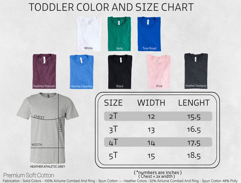 K&ouml;nnte beinhalten: Eine Farb- und Gr&ouml;&szlig;entabelle f&uuml;r Kleinkinder zeigt T-Shirts in verschiedenen Farben, darunter Wei&szlig;, Schwarz und Rosa. Die Tabelle enth&auml;lt Gr&ouml;&szlig;en-, Breiten- (Zoll) und L&auml;ngenma&szlig;e (Zoll) f&uuml;r die Gr&ouml;&szlig;en 2T bis 5T.