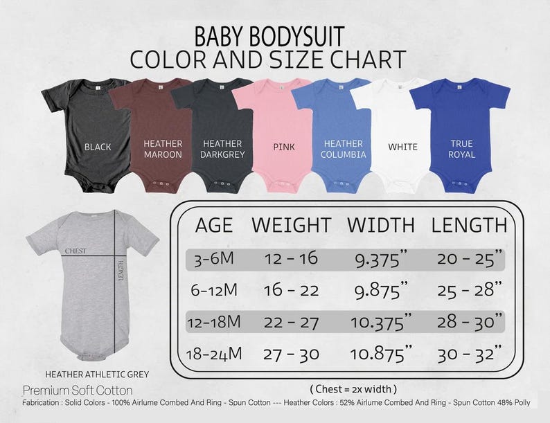 K&ouml;nnte beinhalten: Eine Baby-Body-Farb- und Gr&ouml;&szlig;entabelle. Die Tabelle zeigt Bodys in verschiedenen Farben, darunter Schwarz, Burgunderrot, Dunkelgrau, Rosa, Blau, Wei&szlig; und K&ouml;nigsblau. Ma&szlig;e in Zoll f&uuml;r Alter, Gewicht, Breite und L&auml;nge.