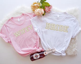 Bride wifey shirt, Chenille patch bride shirt, Bachelorette shirt gift for bride, Bride Chenille patch shirt, wifey shirt