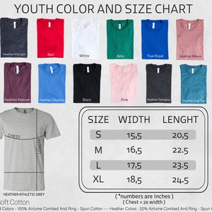 K&ouml;nnte beinhalten: Eine Jugendfarb- und Gr&ouml;&szlig;entabelle zeigt T-Shirts in verschiedenen Farben, darunter Rot, Wei&szlig; und Schwarz. Die Tabelle enth&auml;lt Gr&ouml;&szlig;enangaben in Zoll: S (15,5" Breite, 20,5" L&auml;nge), M (16,5" Breite, 22,5" L&auml;nge), L (17,5" Breite, 23,5" L&auml;nge) und XL (18,5" Breite, 24,5" L&auml;nge).