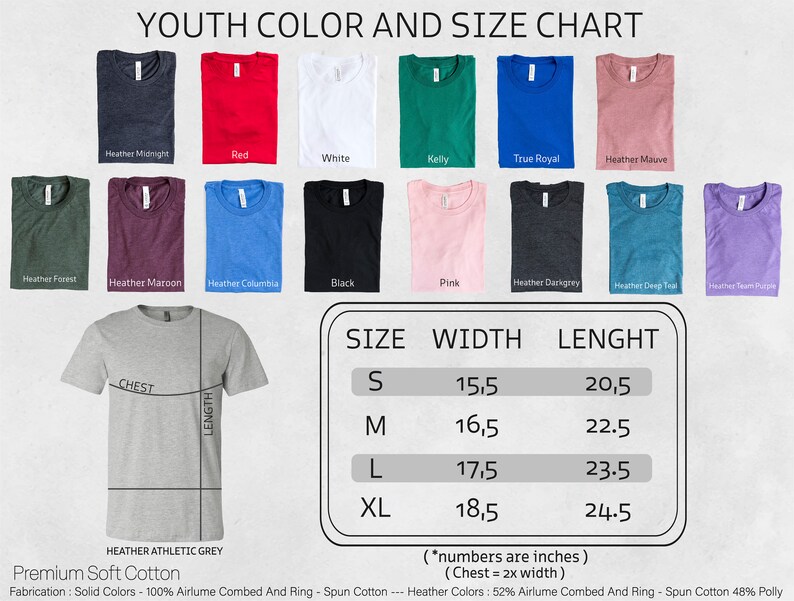 K&ouml;nnte beinhalten: Eine Jugendfarb- und Gr&ouml;&szlig;entabelle zeigt T-Shirts in verschiedenen Farben, darunter Rot, Wei&szlig; und Schwarz. Die Tabelle enth&auml;lt Gr&ouml;&szlig;enangaben in Zoll: S (15,5" Breite, 20,5" L&auml;nge), M (16,5" Breite, 22,5" L&auml;nge), L (17,5" Breite, 23,5" L&auml;nge) und XL (18,5" Breite, 24,5" L&auml;nge).