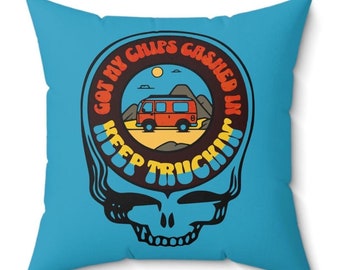 Grateful Dead Pillow, Pillow for Van Life, Deadhead Gift, Grateful Dead Fan Gift, Truckin' Pillow, Dad Gift, Gift for Music Fan, Home Decor