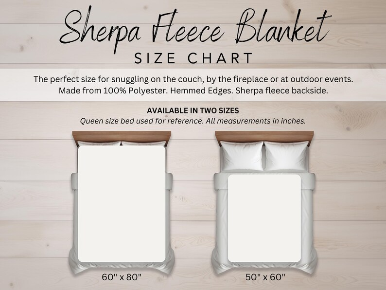 May include: Sherpa fleece blanket size chart. Available in two sizes: 60" x 80" and 50" x 60". Made from 100% polyester with hemmed edges and a sherpa fleece backside. The chart shows the blanket sizes on a queen-size bed for reference.