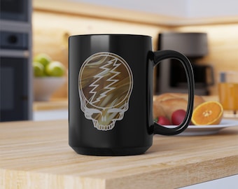 Taza negra inspirada en Grateful Dead, taza dorada de Grateful Dead, información sobre la banda, regalo de Deadhead, taza de café negra, 433 ml, taza de té para amantes de la música