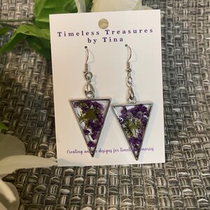 Silver Rimmed Purple dried flower drop earrings