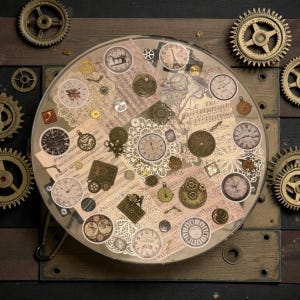 May include: A steampunk-themed collage featuring various clock faces, gears, and vintage ephemera. The arrangement is set within a clear, circular container, with a mix of paper and metal elements. The color palette includes shades of brown, gold, and cream.