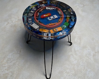 18-inch high by 14-inch wide Epoxy resin round hotwheels car table