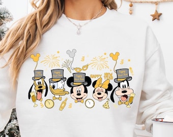 Felpa Disney Happy New Year 2025, Felpa con cappuccio Disney Mickey And Friends per la vigilia di Capodanno, Maglietta per la festa di Capodanno, Maglietta Disney per la famiglia di Capodanno 2025