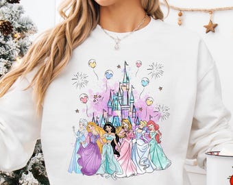 Sudadera de princesas de Disneyworld, Castillo de princesas de acuarela de Disney, Sudadera con capucha para viaje de Disney para niñas, Regalo de cumpleaños de princesas de Disney, Camiseta de tripulación de princesas