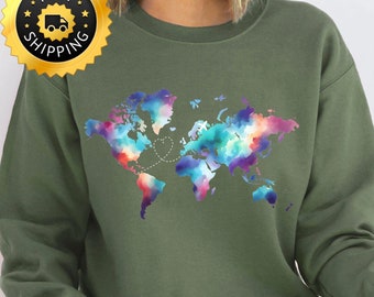 Aquarell Weltkarte Sweatshirt, Abenteuer Reisen Hoodie