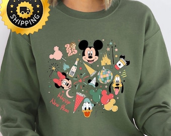 Felpa vintage con scritta "Happy New Year 2025", maglietta con scritta "Topolino e i suoi amici" per il Capodanno 2025, felpa con cappuccio per le vacanze di Capodanno Disney, maglietta con scritta "Disneyland Goodbye 2024" per il Capodanno 2024