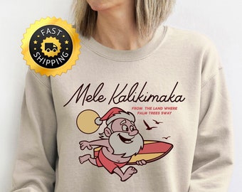 Mele Kalikimaka Hawaii Sudadera navideña, Papá Noel surfista
