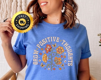 Camiseta con estampado floral de pensamientos positivos, Camiseta boho de mariposa