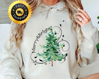 Christmas Tree Hoodie, Merry & Bright Holiday Sweatshirt