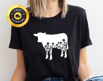 Floral Kuh Grafik T-Shirt, Bauernhof Tier T-Shirt