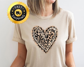 Camiseta con estampado de leopardo y corazón, bonito regalo de San Valentín, camiseta con estampado animal de San Valentín, camiseta con estampado de leopardo y corazón, camiseta de San Valentín, bonita camiseta con corazón.