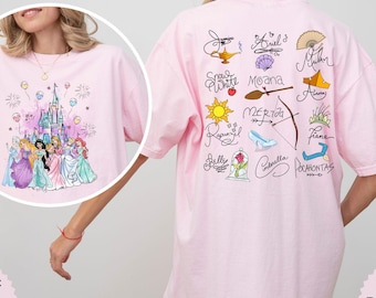 Komfortfärger Disney All Princess-tröja, vattenfärgad magisk slottsprinsess-tröja, prinsessans signaturskiss-tröja, Disneyland-flickresetröja