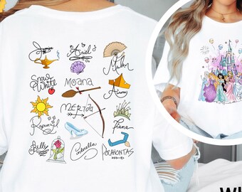 Disney All Princess-tröja, vattenfärgad magisk slottsprinsess-t-shirt, Disney Princess Signature Sketch-tröja, Disneyland-flickresetröja