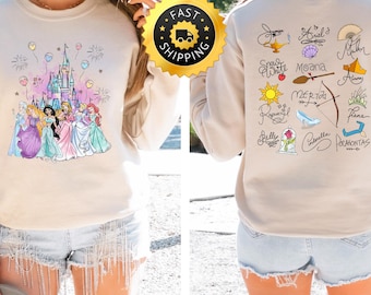 Disney All Princess Sweatshirt, Watercolor Magic Castle Princess T-shirt, Disney Princess Signature Sketch Tee, Disneyland Girls Trip Hoodie
