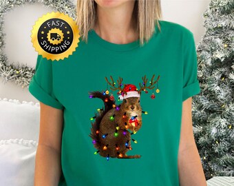 Camiseta con estampado de luces navideñas de ardilla, divertida camiseta navideña