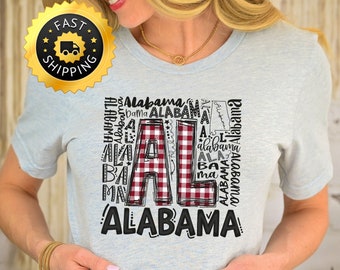 Alabama Shirt, Alabama lover shirt, Alabama Trip Shirt, Doodle Alabama State Tee, Alabama State Map plaid Shirt, Alabama Game Day shirt Gift