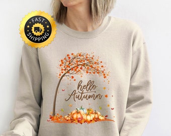 Hello Autumn sweatshirt, Happy Fall Hoodie, Fall Y'all Love Gift, Autumn Pumpkin Tee, Fall Thanksgiving Family sweatshirt, pumpkin Hoodie