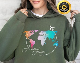 Abenteuer erwartet Hoodie, Weltkarte Reise-Sweatshirt, Fernweh-T-Shirt