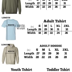 May include: Unisex size chart for sweatshirts, t-shirts, and hoodies. The chart includes measurements in inches for length and width for different sizes, including youth and toddler sizes. The chart also includes a note that approximate measurements might vary a little in real.