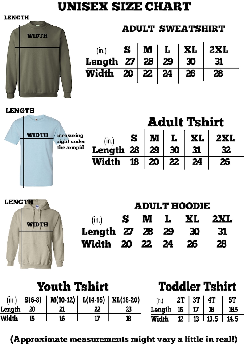 May include: Unisex size chart for sweatshirts, t-shirts, and hoodies. The chart includes measurements in inches for length and width for different sizes, including youth and toddler sizes. The chart also includes a note that approximate measurements might vary a little in real.