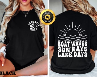 Camiseta gráfica Lake Days, Camiseta con estampado de olas, barcos y rayos de sol