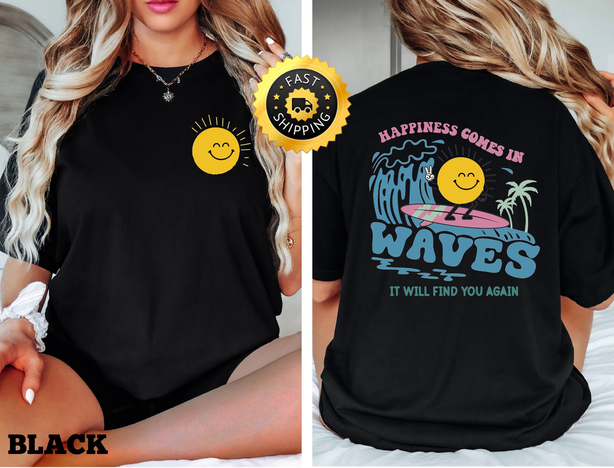 Geluk komt in golven-shirt, zonnig shirt, zomershirt, shirt zonvakantie, shirt strandzon, shirt esthetiek, voor- en achterkant zomershirt